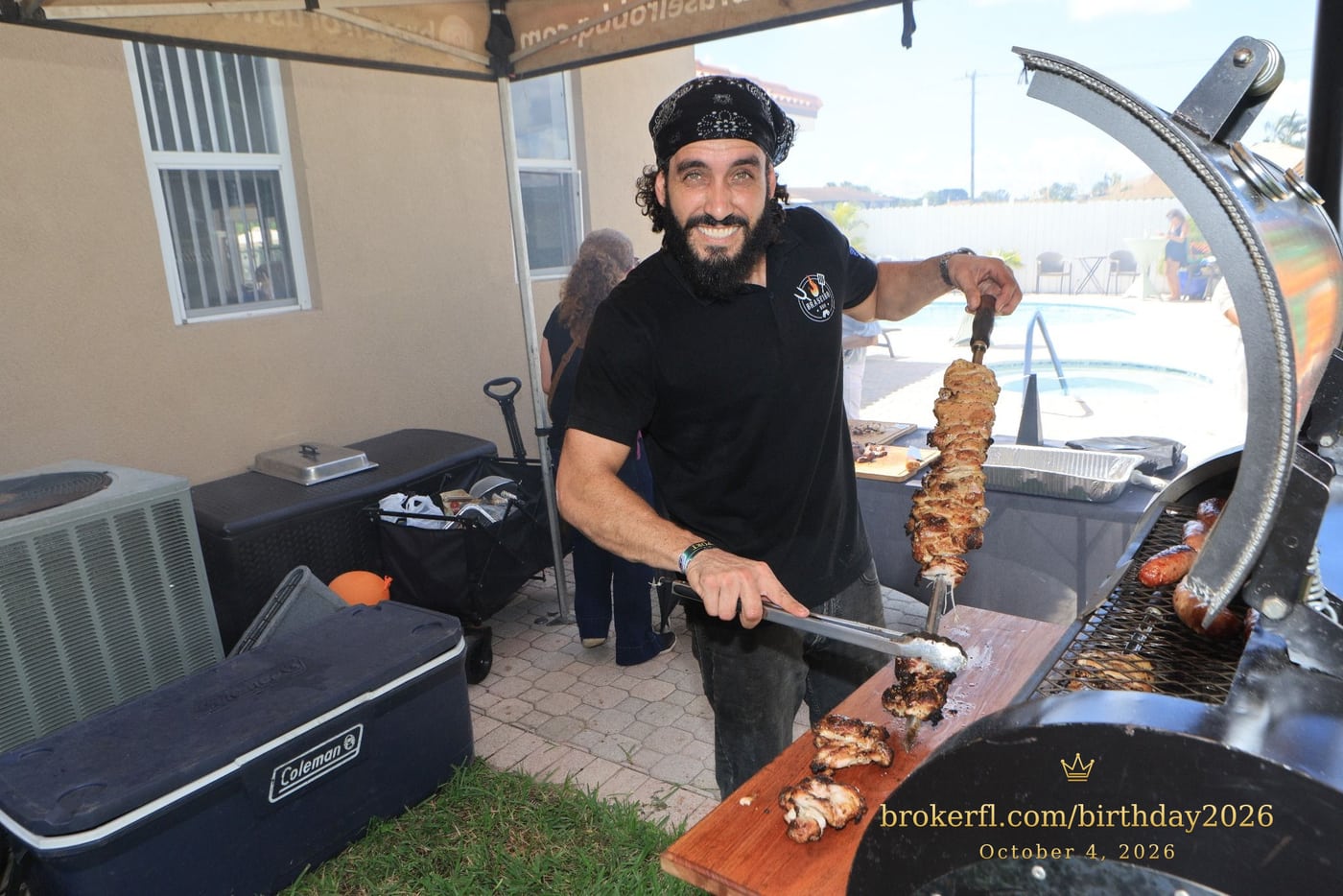 Barbecue cook preparing food for the celebration — Karina Leal's birthday, October 4, 2026.