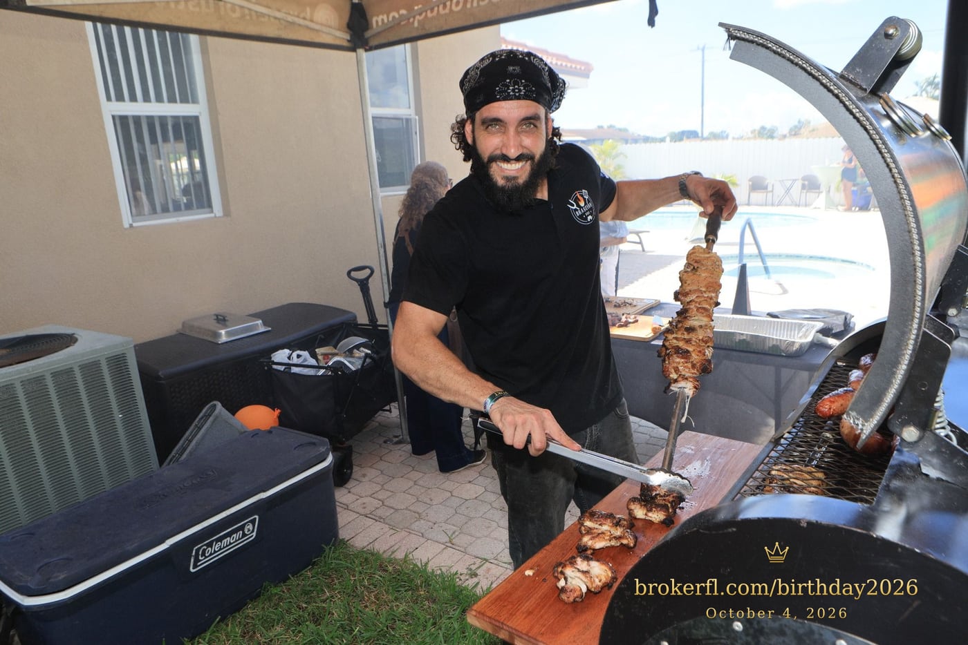 Barbecue cook preparing food for the celebration — Karina Leal's birthday, October 4, 2026.