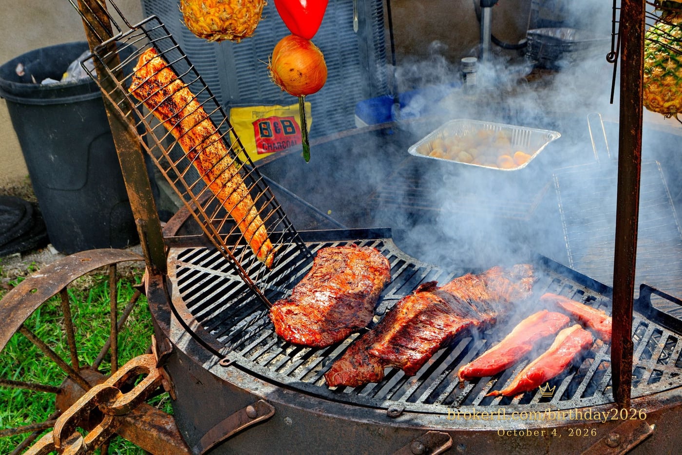 Barbecue cooking over an outdoor fire with hanging vegetables — Karina Leal's birthday, October 4, 2026.