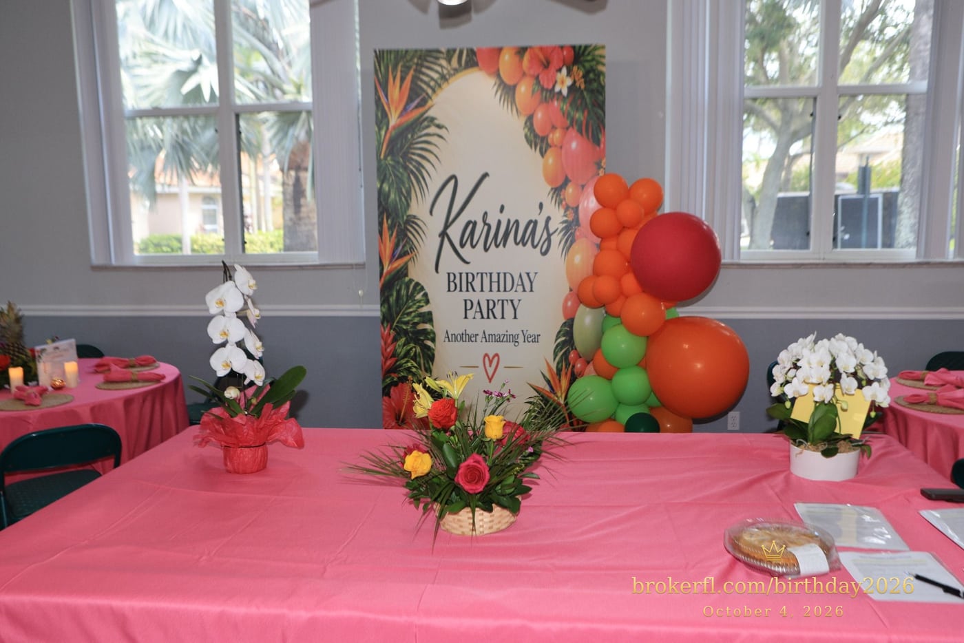 Birthday welcome sign displayed above a pink table — Karina Leal's birthday, October 4, 2026.