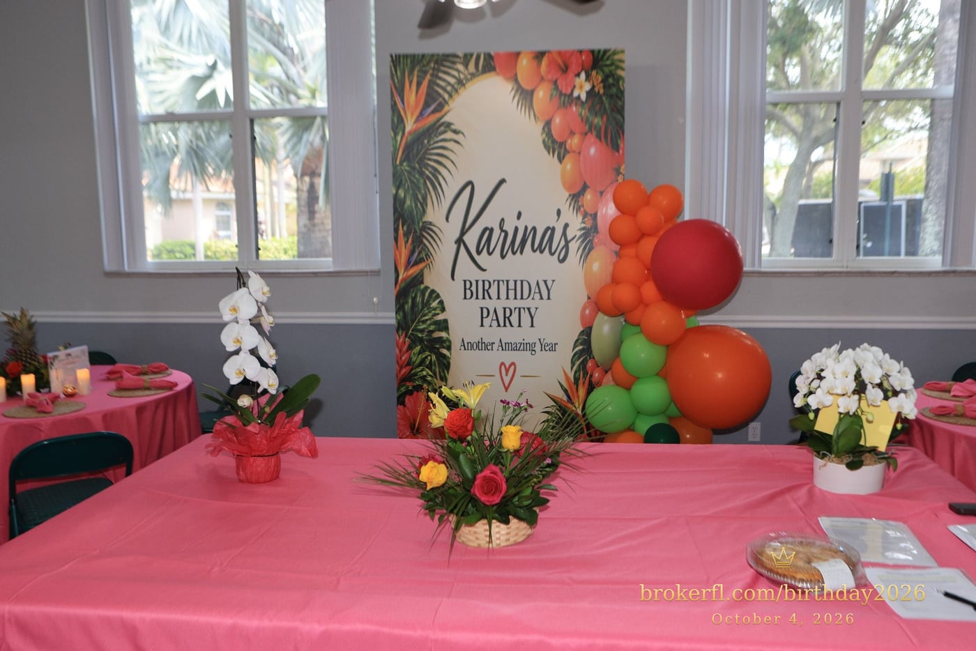 Birthday welcome sign displayed above a pink table — Karina Leal's birthday, October 4, 2026.