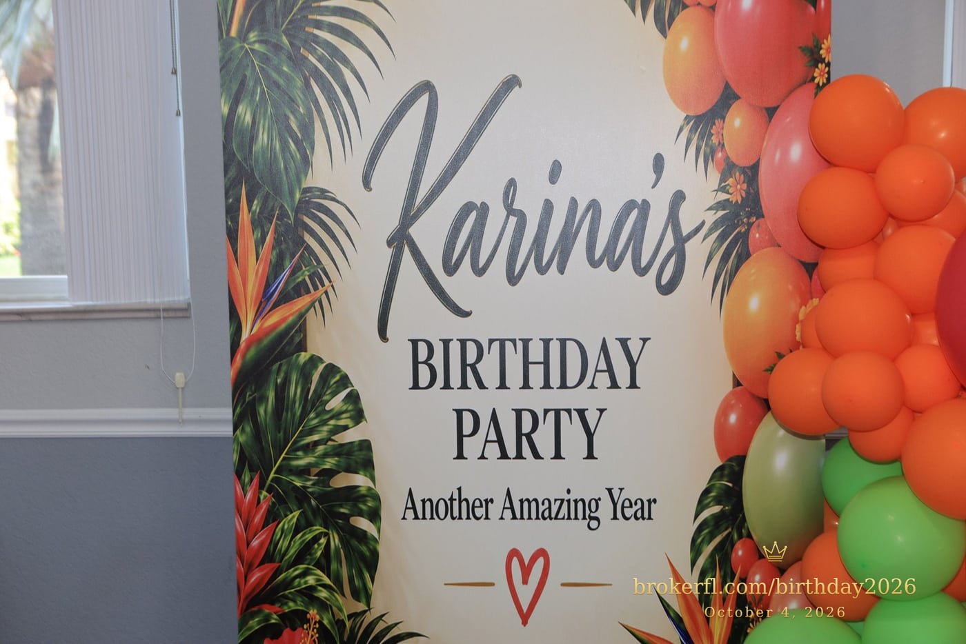 Close-up of Karina's birthday party sign and colorful balloons — Karina Leal's birthday, October 4, 2026.