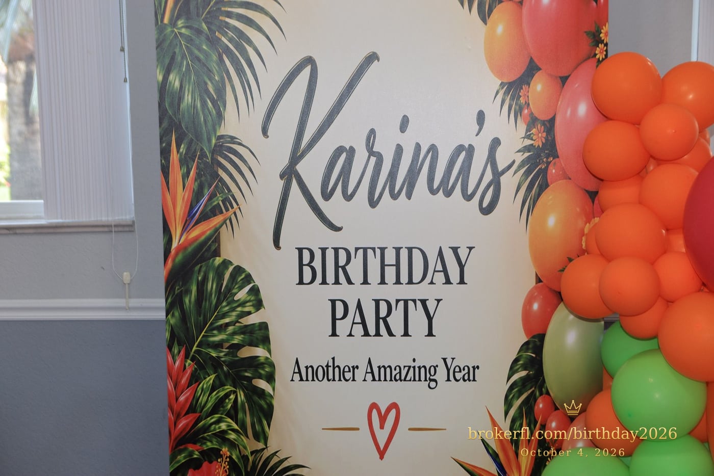 Close-up of Karina's birthday party sign and colorful balloons — Karina Leal's birthday, October 4, 2026.