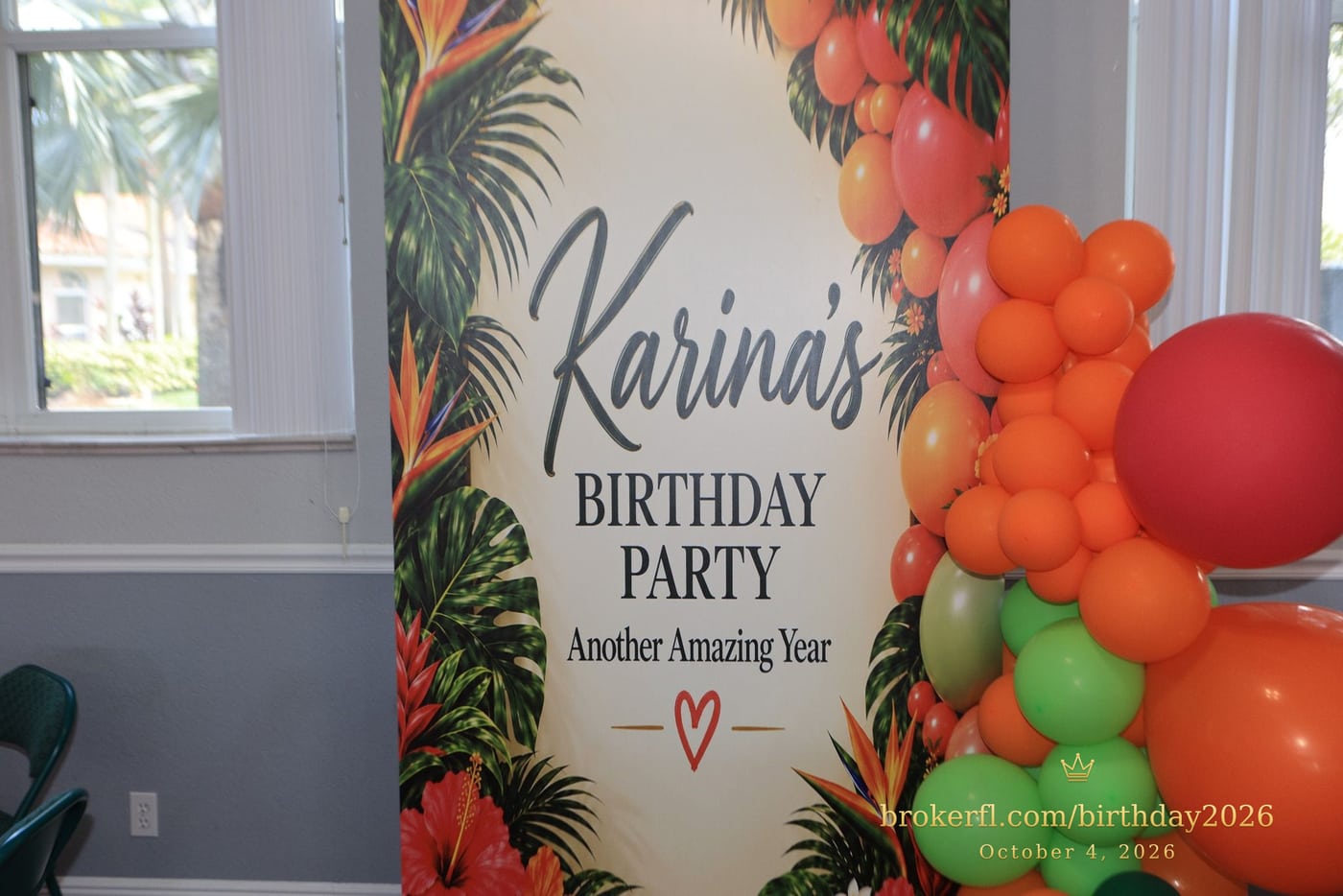 Close-up of Karina's birthday party sign and colorful balloons — Karina Leal's birthday, October 4, 2026.