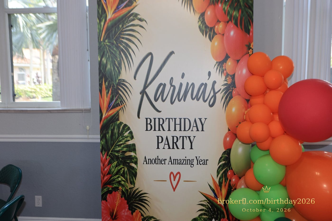 Close-up of Karina's birthday party sign and colorful balloons — Karina Leal's birthday, October 4, 2026.