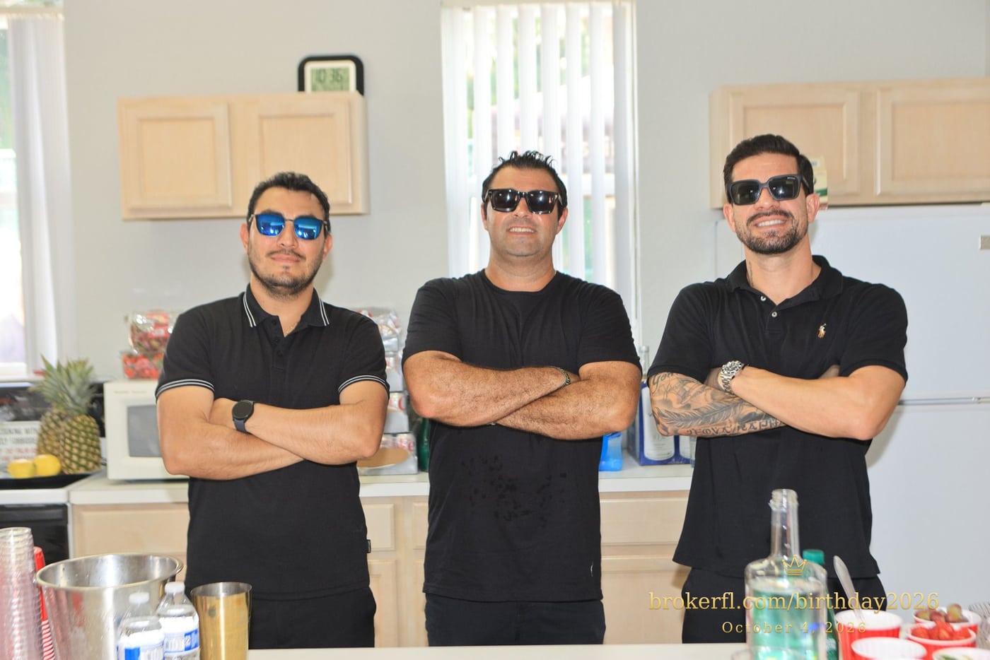 Drinks team posing behind the party counter — Karina Leal's birthday, October 4, 2026.