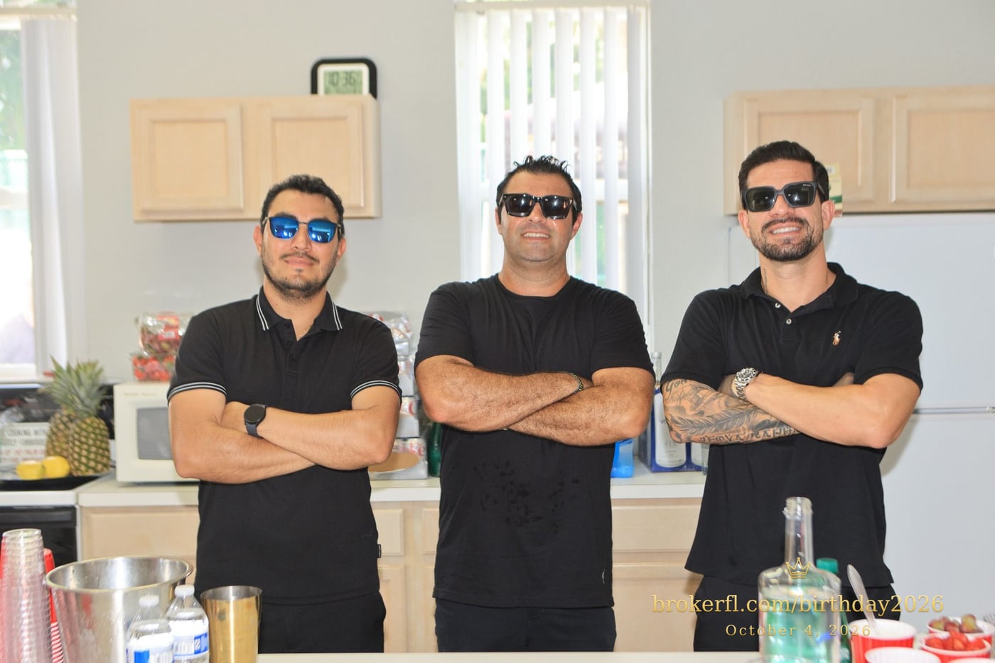Drinks team posing behind the party counter — Karina Leal's birthday, October 4, 2026.