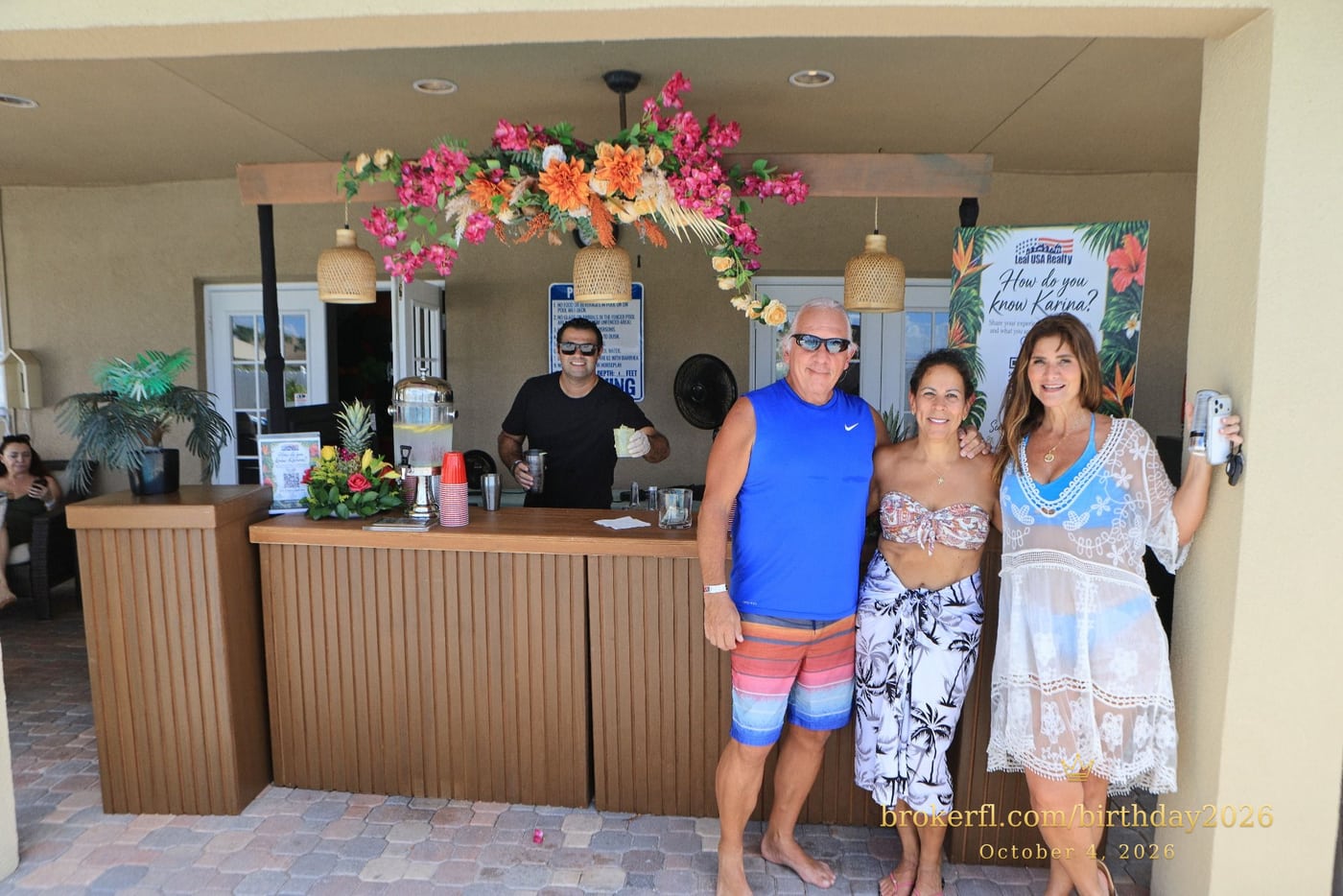 Three guests posing near the drinks counter — Karina Leal's birthday, October 4, 2026.