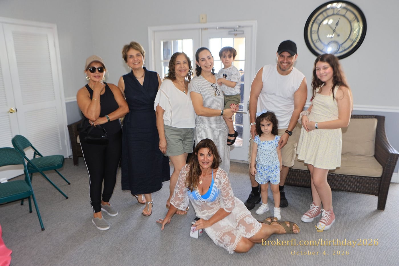 Guests posing together inside the birthday party room — Karina Leal's birthday, October 4, 2026.