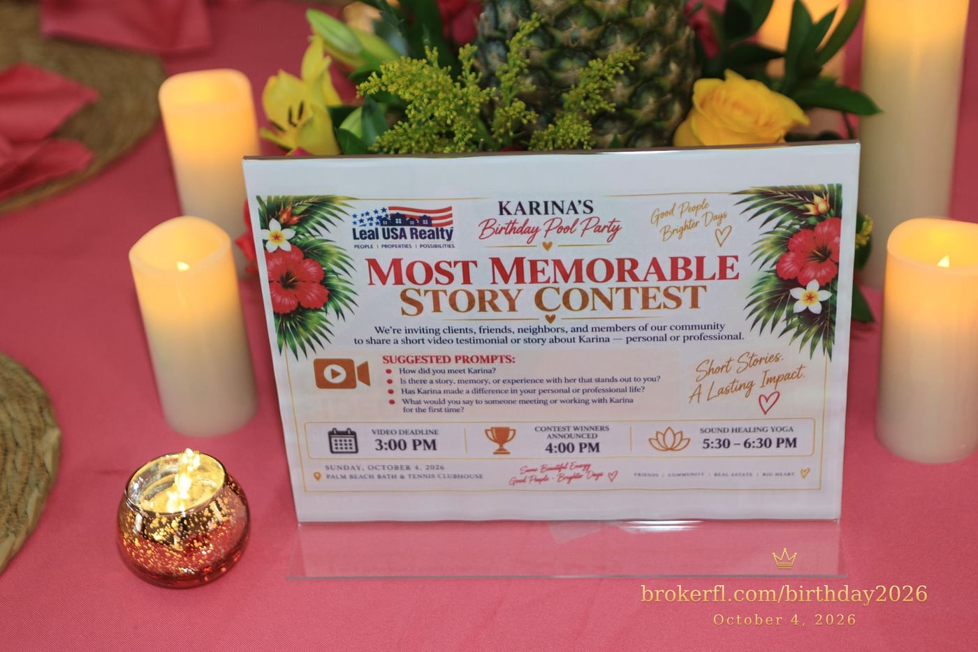 Most memorable story contest sign among tropical table decorations — Karina Leal's birthday, October 4, 2026.