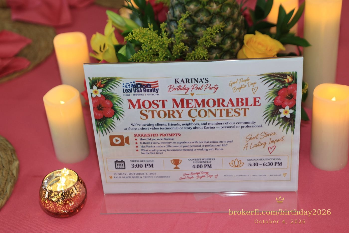Most memorable story contest sign among tropical table decorations — Karina Leal's birthday, October 4, 2026.
