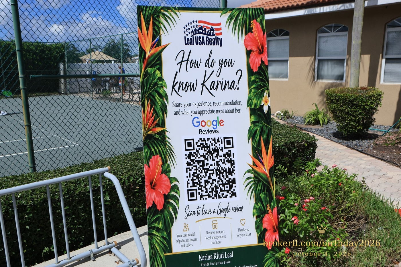 Tropical welcome sign with a QR code outside the birthday venue — Karina Leal's birthday, October 4, 2026.