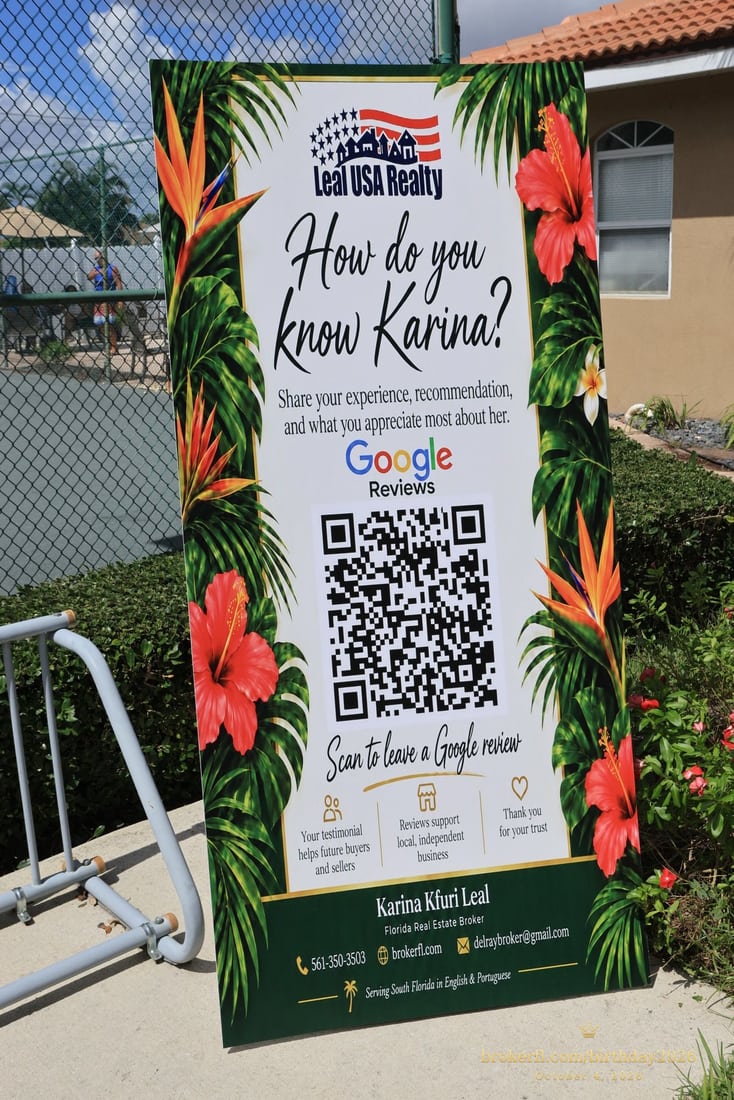 Tropical welcome sign with a QR code outside the birthday venue — Karina Leal's birthday, October 4, 2026.