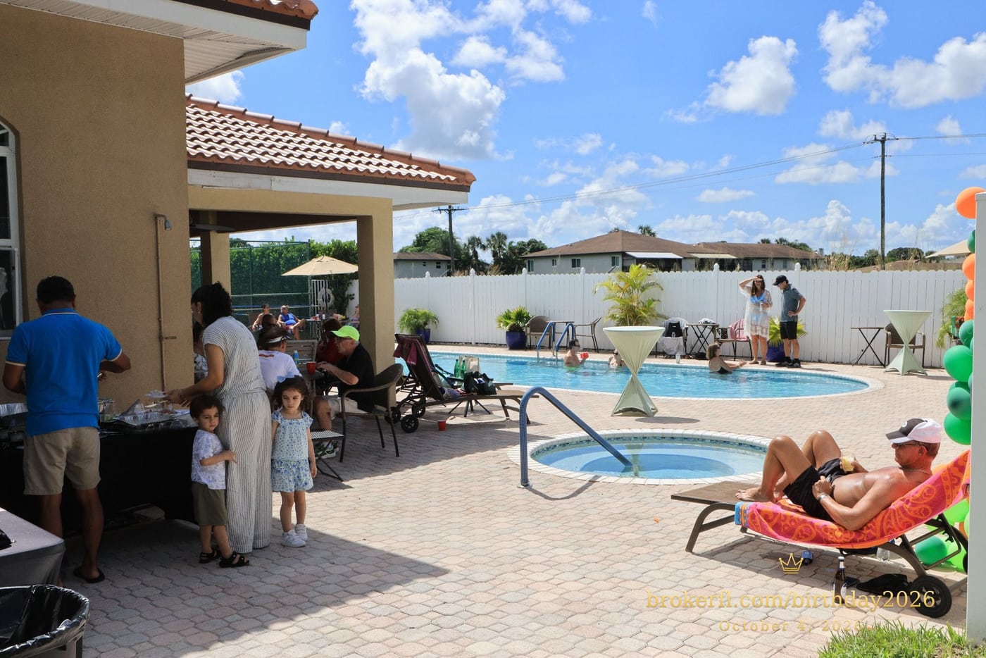 Swimming pool and sunny patio at the birthday venue — Karina Leal's birthday, October 4, 2026.