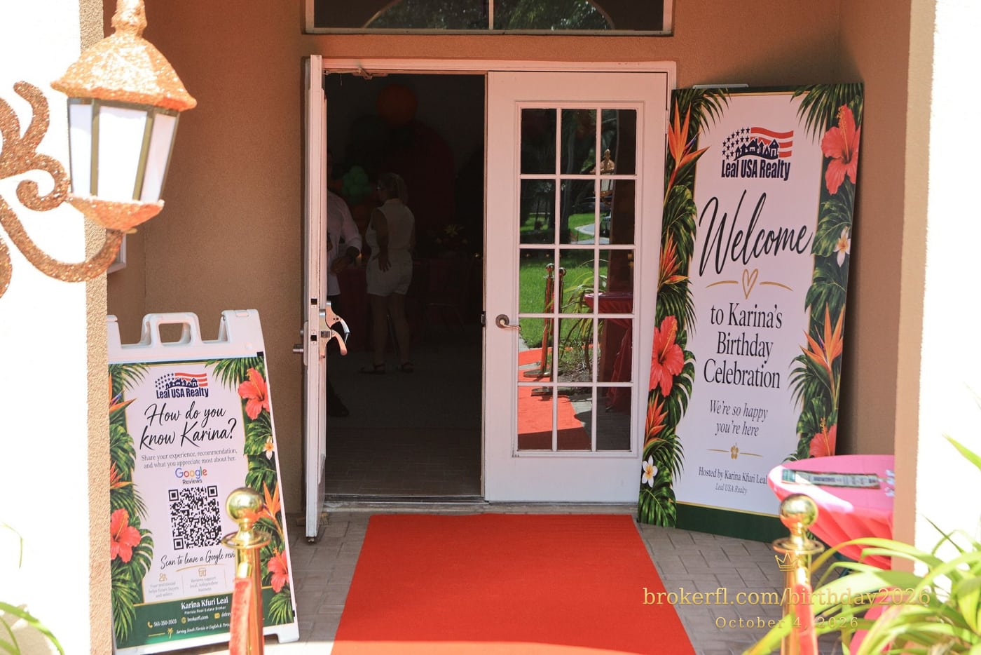 Red carpet leading to the birthday celebration entrance — Karina Leal's birthday, October 4, 2026.