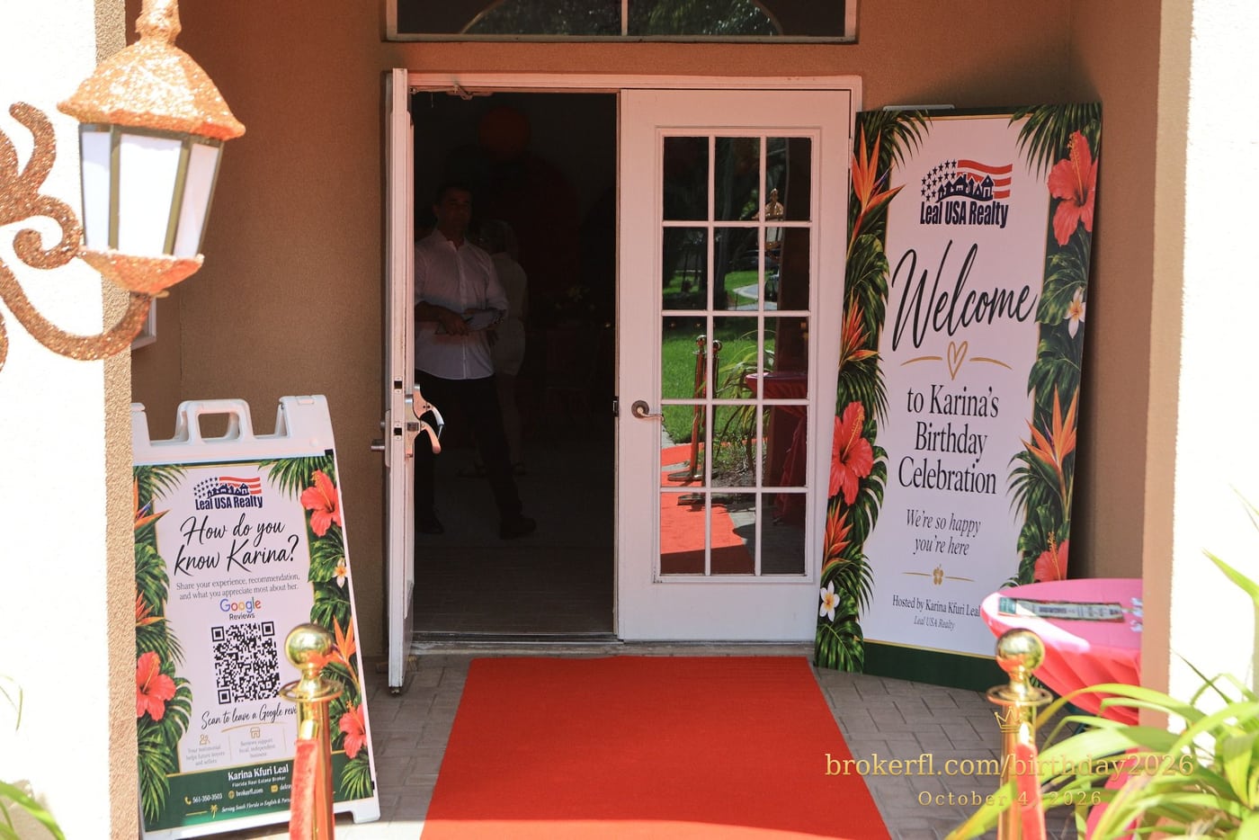 Red carpet leading to the birthday celebration entrance — Karina Leal's birthday, October 4, 2026.