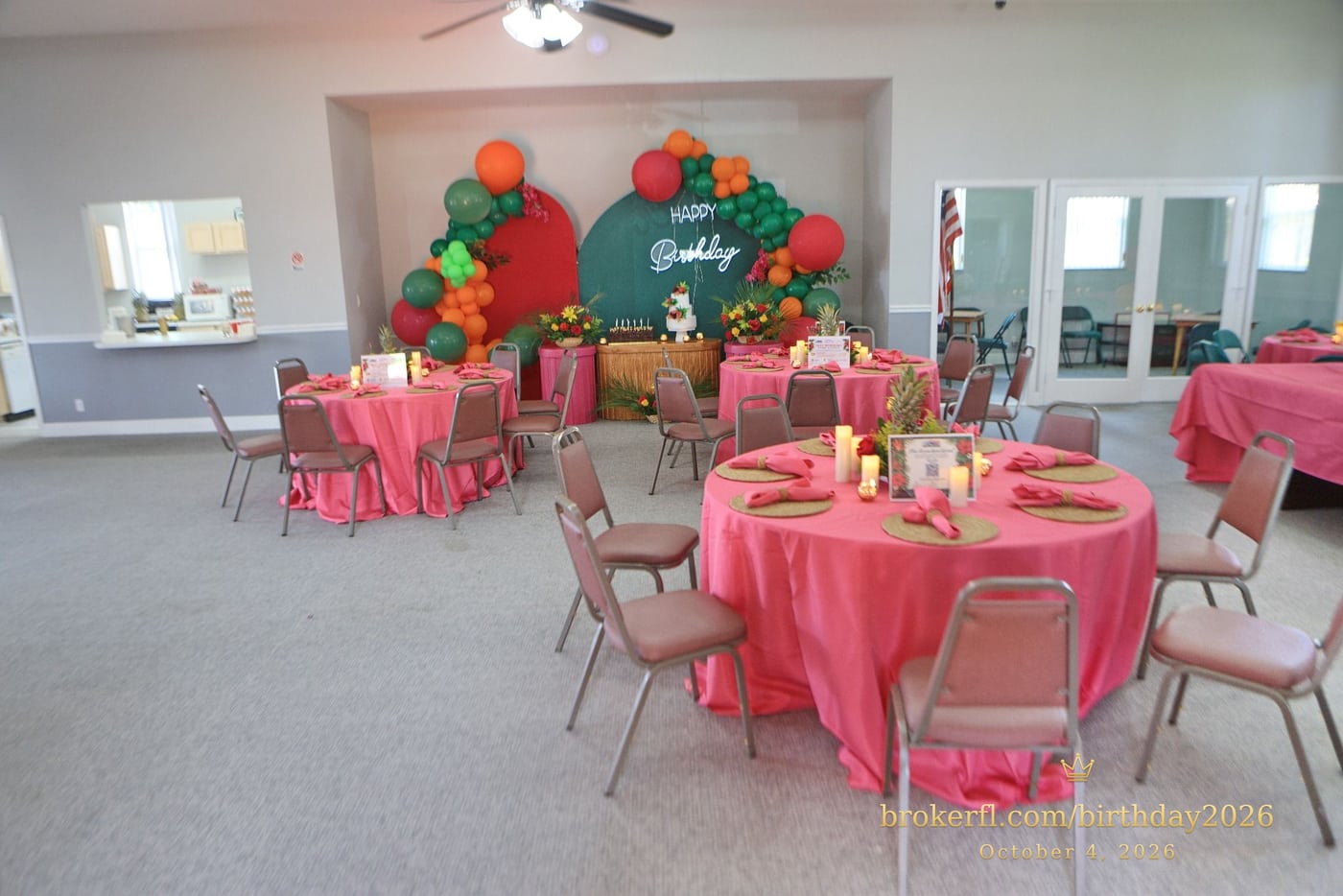 Party room with pink tablecloths and tropical decorations — Karina Leal's birthday, October 4, 2026.