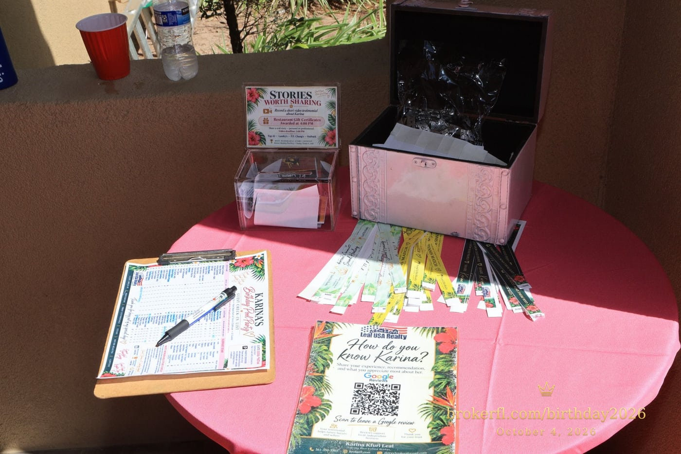 Party activity cards and a memory collection box — Karina Leal's birthday, October 4, 2026.