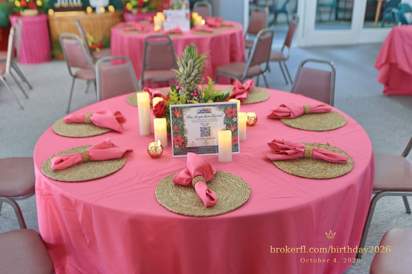 Pink table setting with a pineapple centerpiece and candles — Karina Leal's birthday, October 4, 2026.