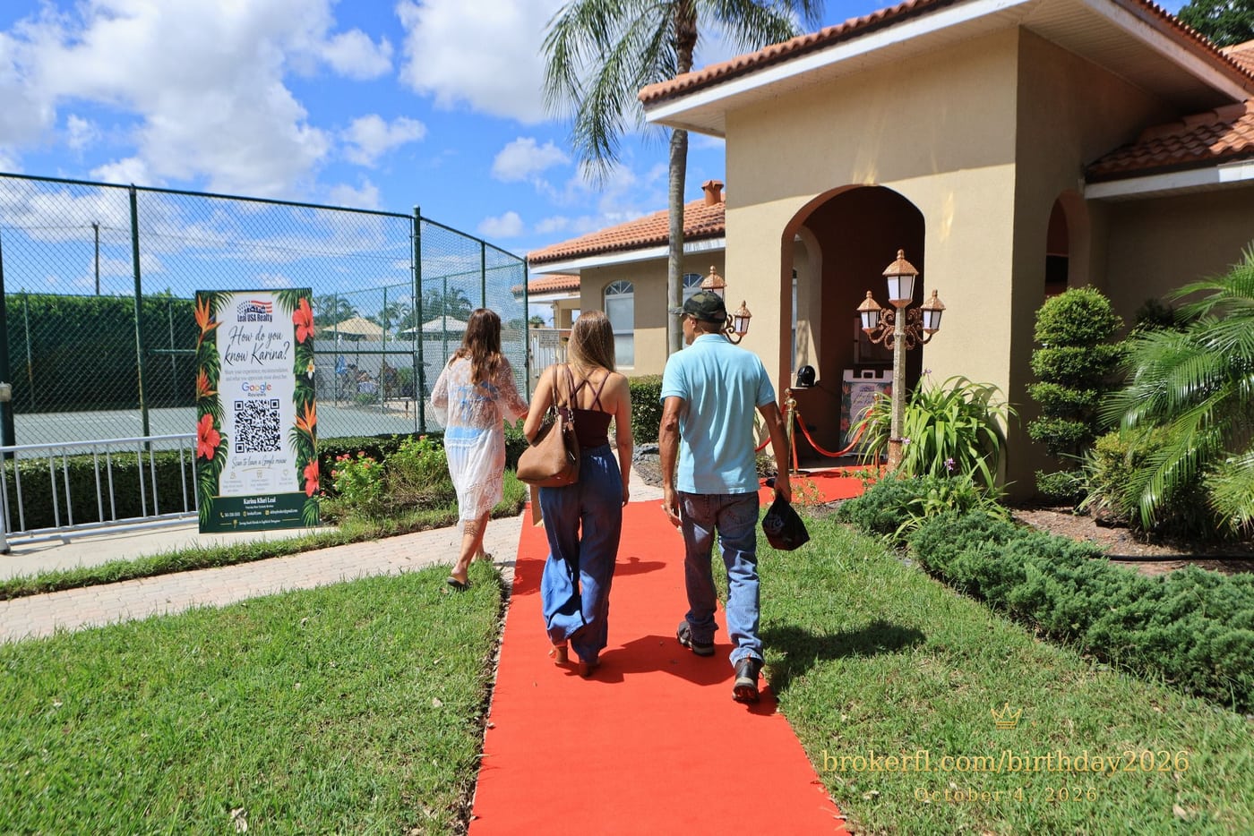 Guests walking along the red carpet toward the entrance — Karina Leal's birthday, October 4, 2026.