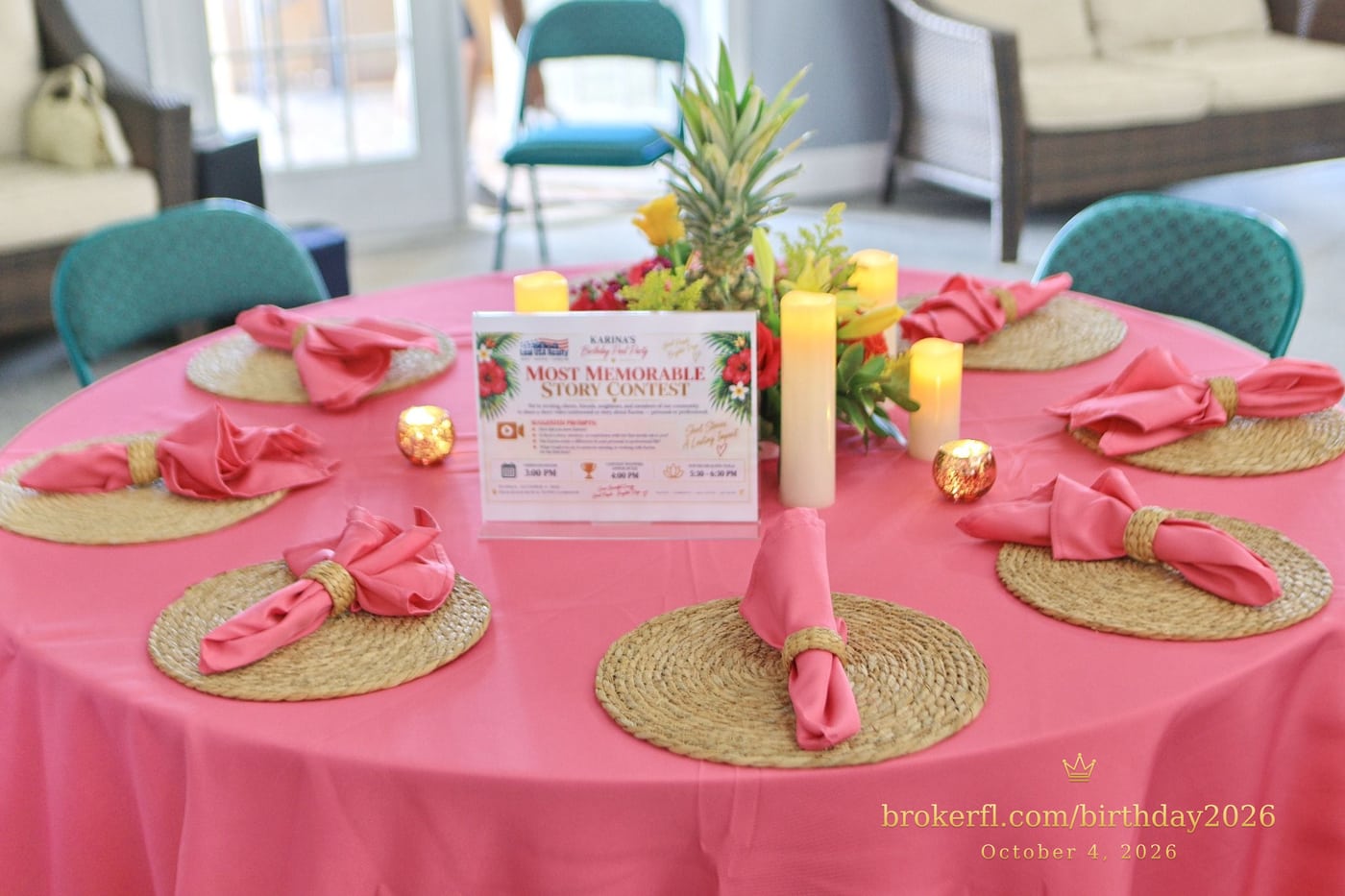 Pink table setting with a pineapple centerpiece and candles — Karina Leal's birthday, October 4, 2026.