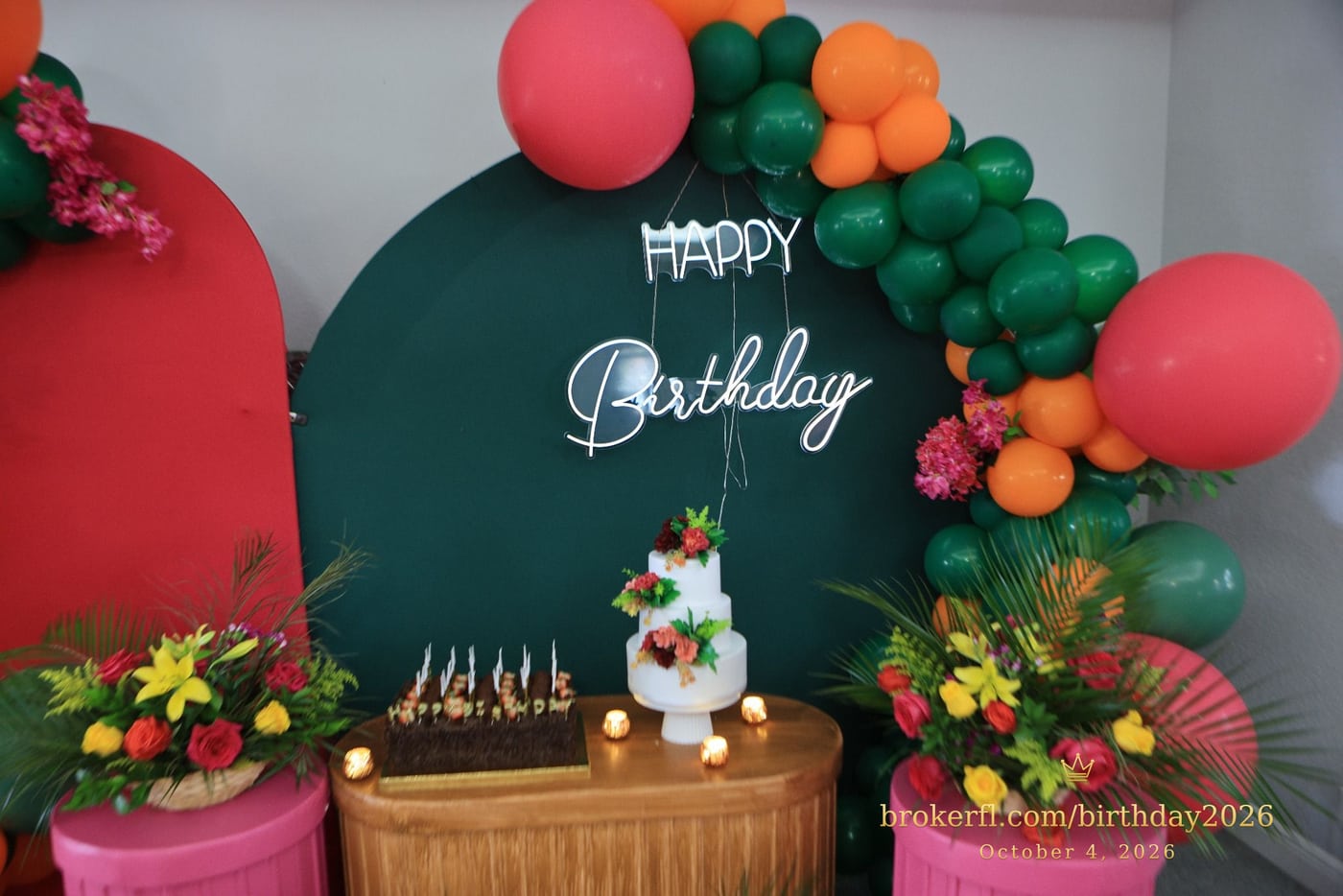 Birthday cake display framed by green and coral balloons — Karina Leal's birthday, October 4, 2026.