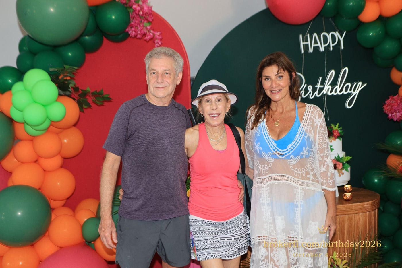 Karina Kfuri Leal, dressed in white, with Wendy Child in a tennis skirt and Alan Sherman in grey at Karina’s birthday celebration at Palm Beach Bath & Tennis in Delray Beach.