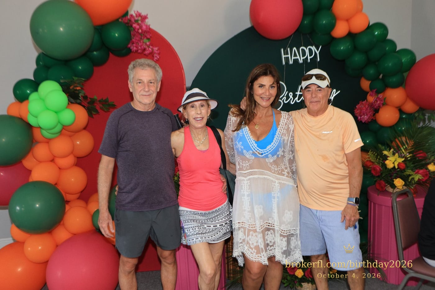 Karina Kfuri Leal, dressed in white, with Wendy Child in a tennis skirt and Alan Sherman in grey at Karina’s birthday celebration at Palm Beach Bath & Tennis in Delray Beach.