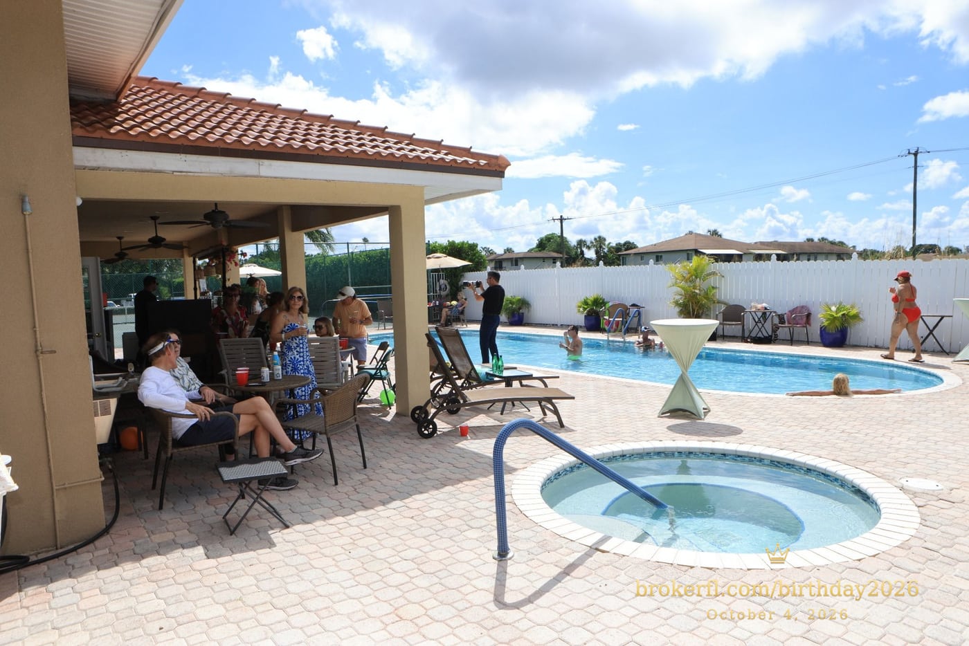 Swimming pool and sunny patio at the birthday venue — Karina Leal's birthday, October 4, 2026.