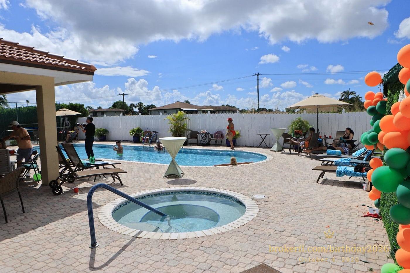 Swimming pool and sunny patio at the birthday venue — Karina Leal's birthday, October 4, 2026.