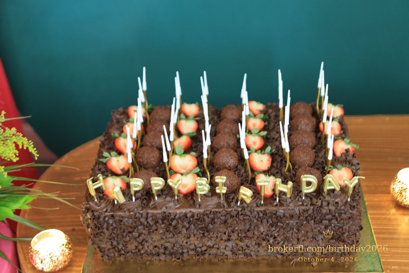 Chocolate birthday cake topped with candles — Karina Leal's birthday, October 4, 2026.