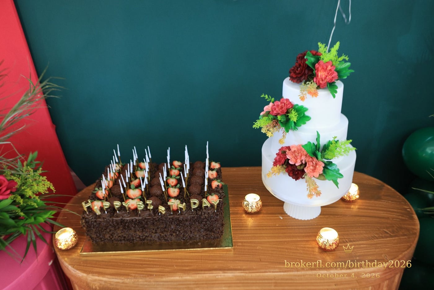 Birthday cakes displayed on a wooden table — Karina Leal's birthday, October 4, 2026.