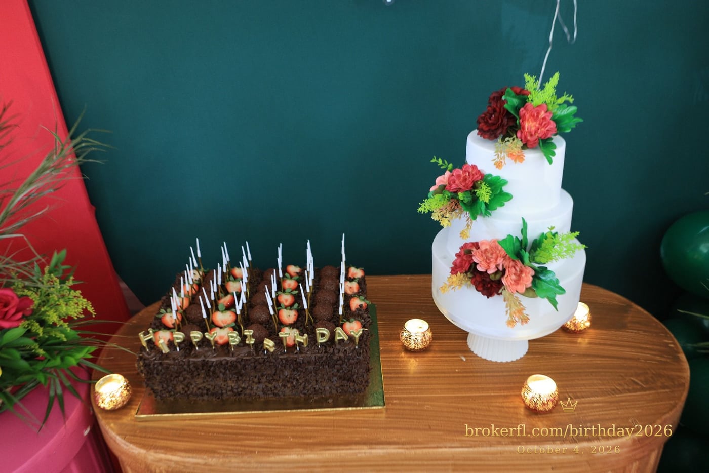 Birthday cakes displayed on a wooden table — Karina Leal's birthday, October 4, 2026.