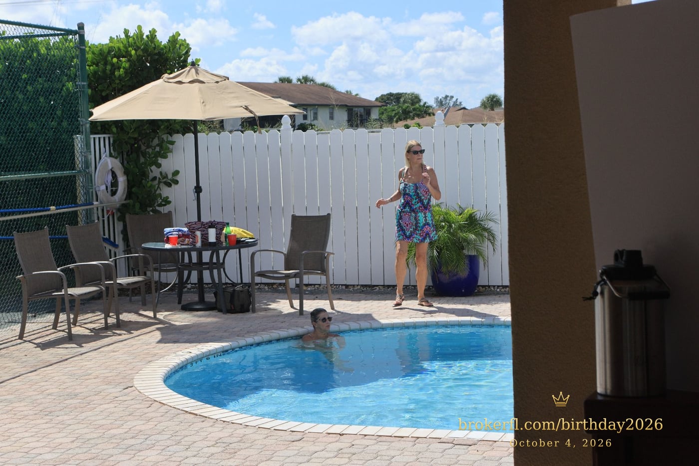 Swimming pool and sunny patio at the birthday venue — Karina Leal's birthday, October 4, 2026.