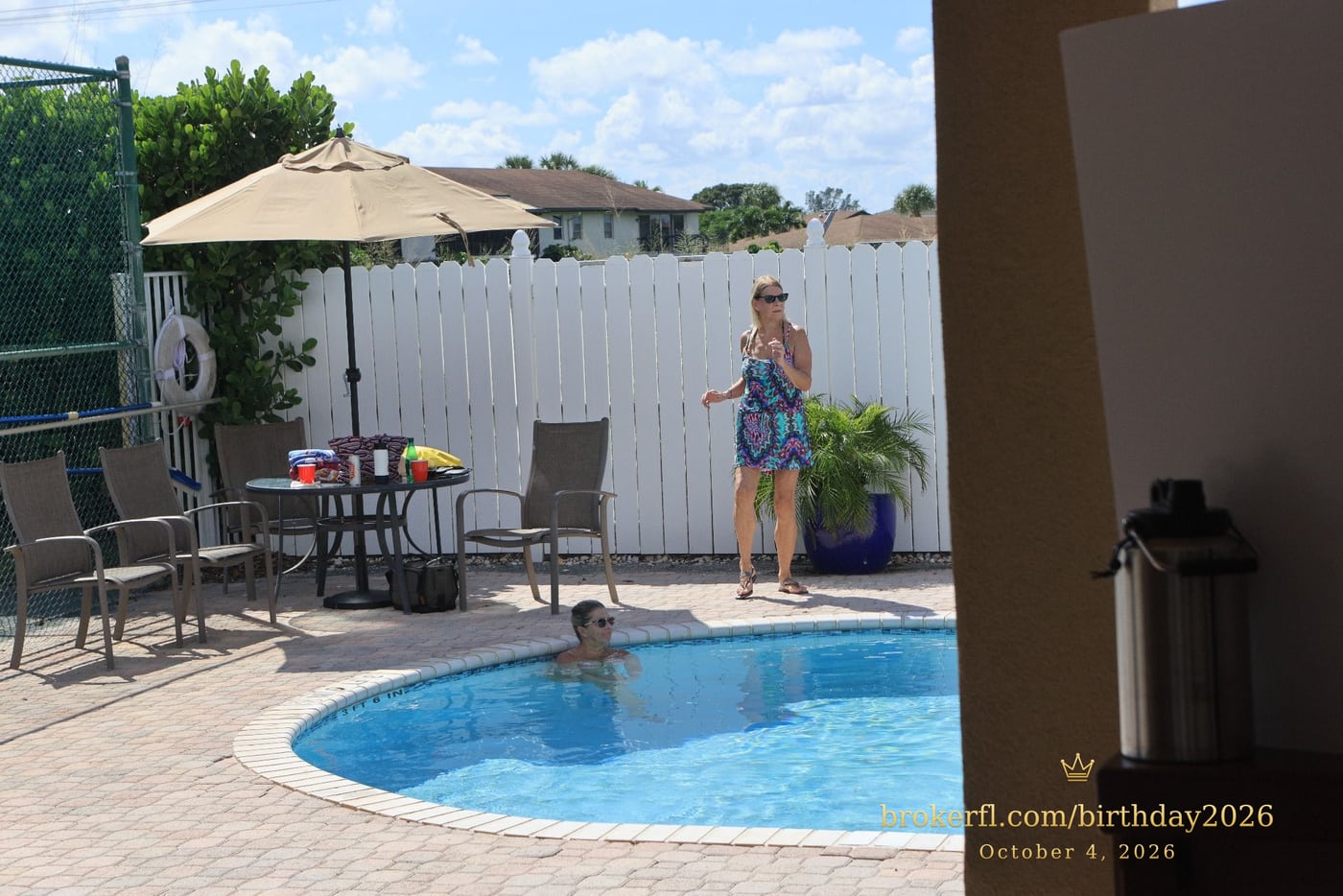 Swimming pool and sunny patio at the birthday venue — Karina Leal's birthday, October 4, 2026.