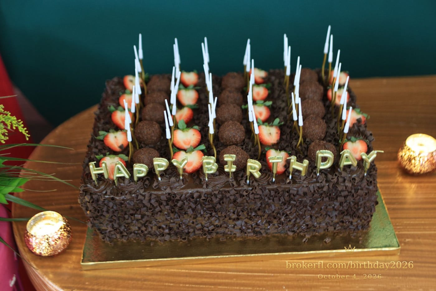 Chocolate birthday cake topped with candles — Karina Leal's birthday, October 4, 2026.