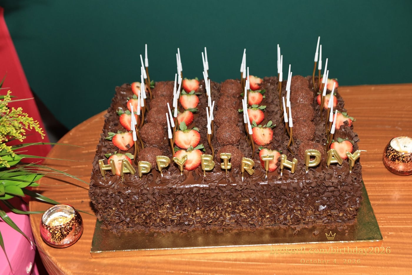 Chocolate birthday cake topped with candles — Karina Leal's birthday, October 4, 2026.