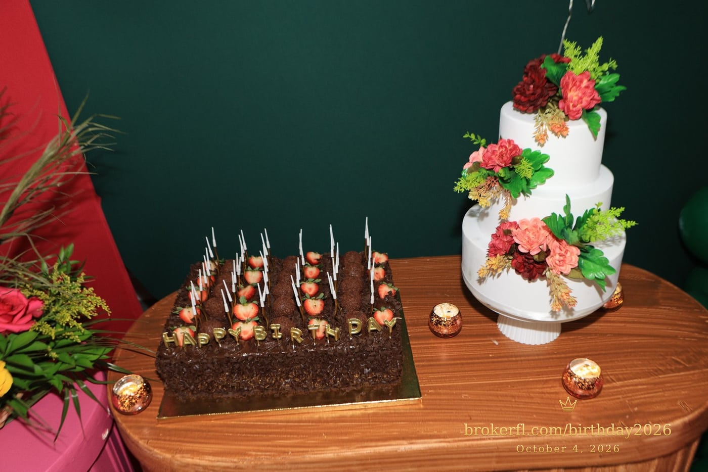 Birthday cakes displayed on a wooden table — Karina Leal's birthday, October 4, 2026.