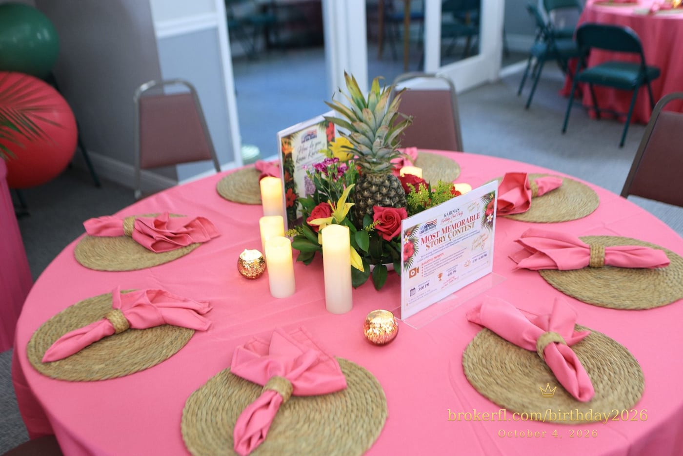 Pink table setting with a pineapple centerpiece and candles — Karina Leal's birthday, October 4, 2026.