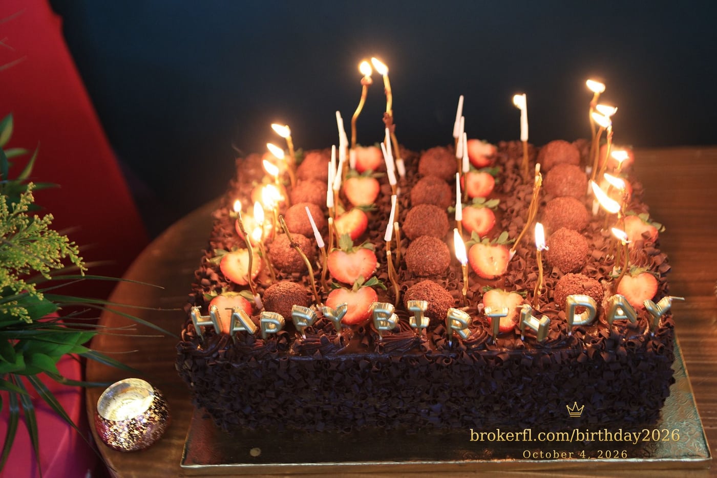 Lit candles on the chocolate birthday cake — Karina Leal's birthday, October 4, 2026.