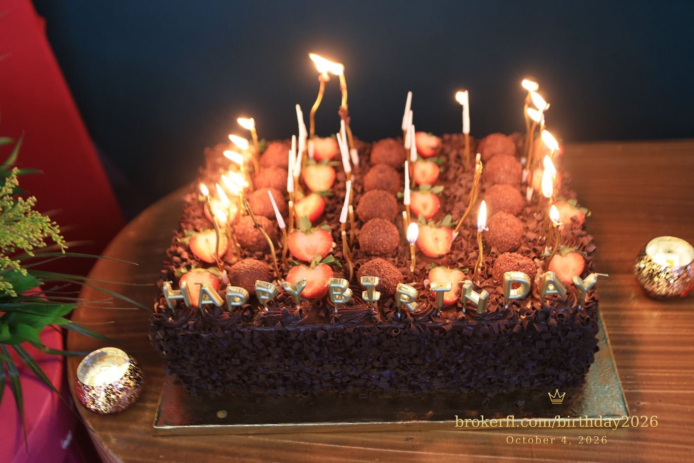 Lit candles on the chocolate birthday cake — Karina Leal's birthday, October 4, 2026.
