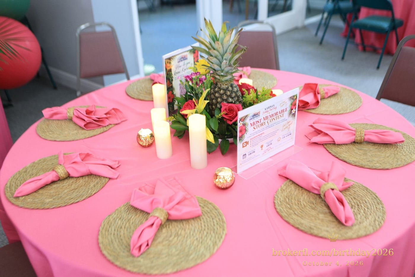 Pink table setting with a pineapple centerpiece and candles — Karina Leal's birthday, October 4, 2026.