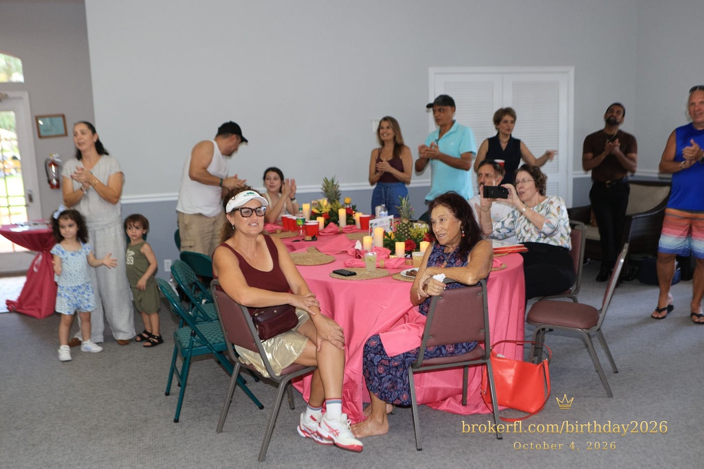 Guests gathered in the party room for the birthday celebration — Karina Leal's birthday, October 4, 2026.