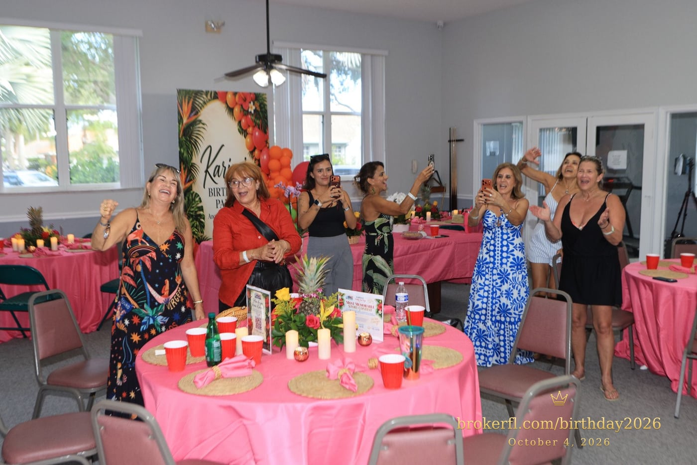 Guests gathered in the party room for the birthday celebration — Karina Leal's birthday, October 4, 2026.