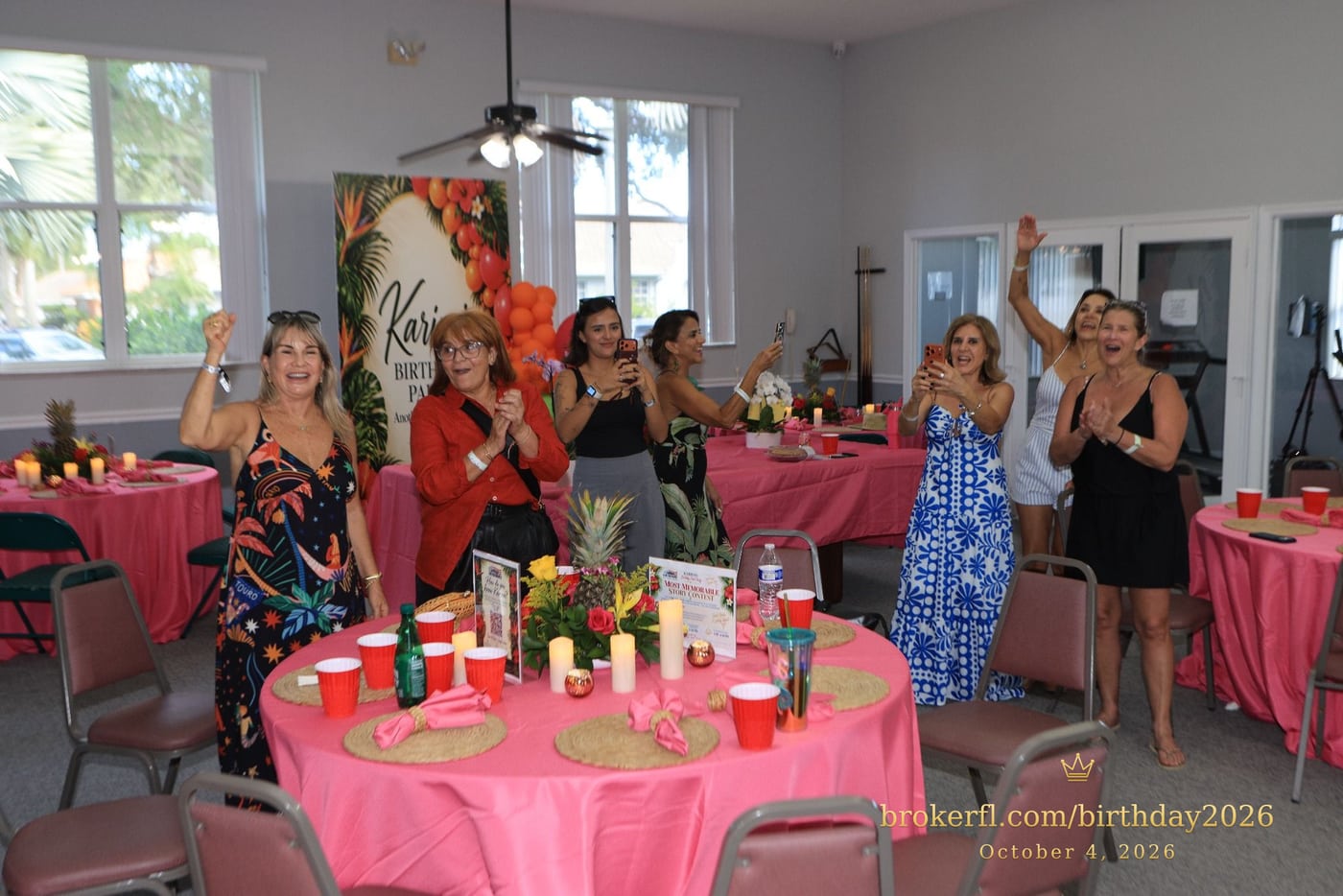 Guests gathered in the party room for the birthday celebration — Karina Leal's birthday, October 4, 2026.