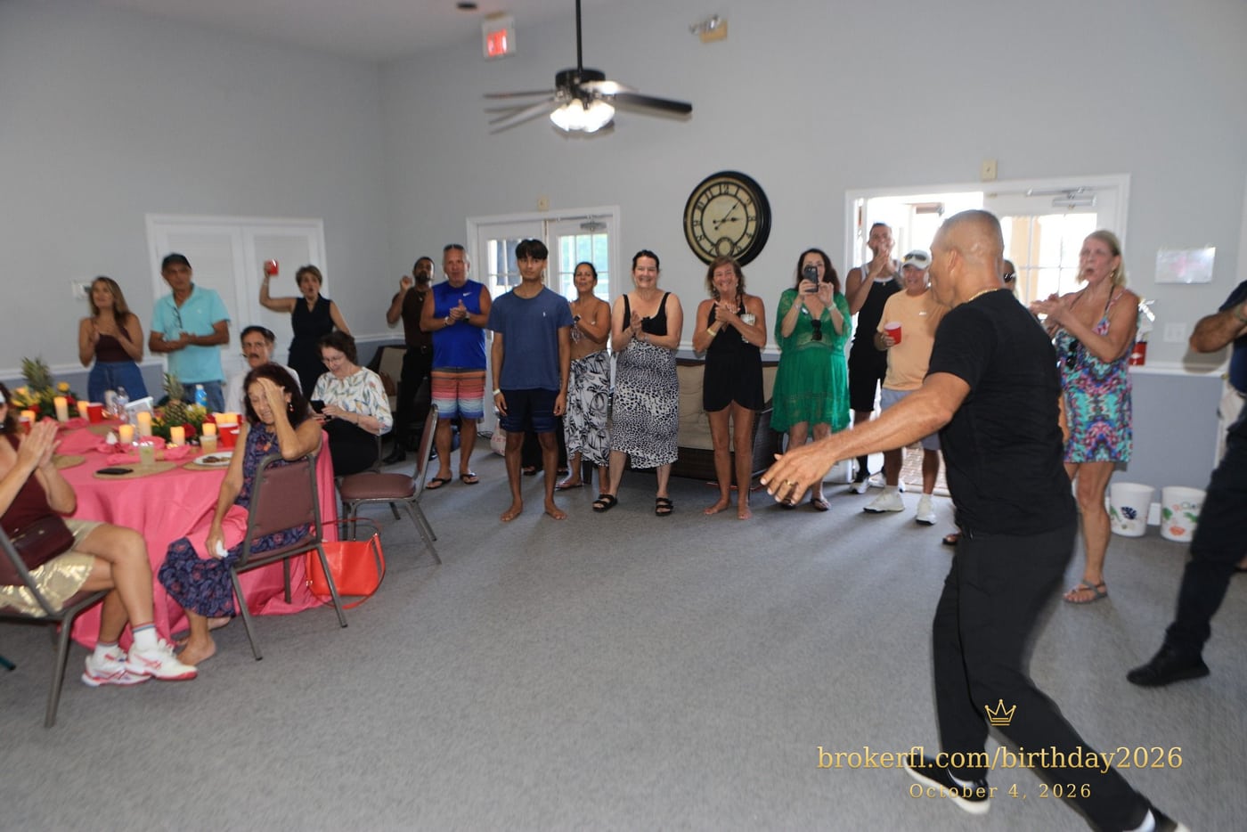 Guests gathered in the party room for the birthday celebration — Karina Leal's birthday, October 4, 2026.