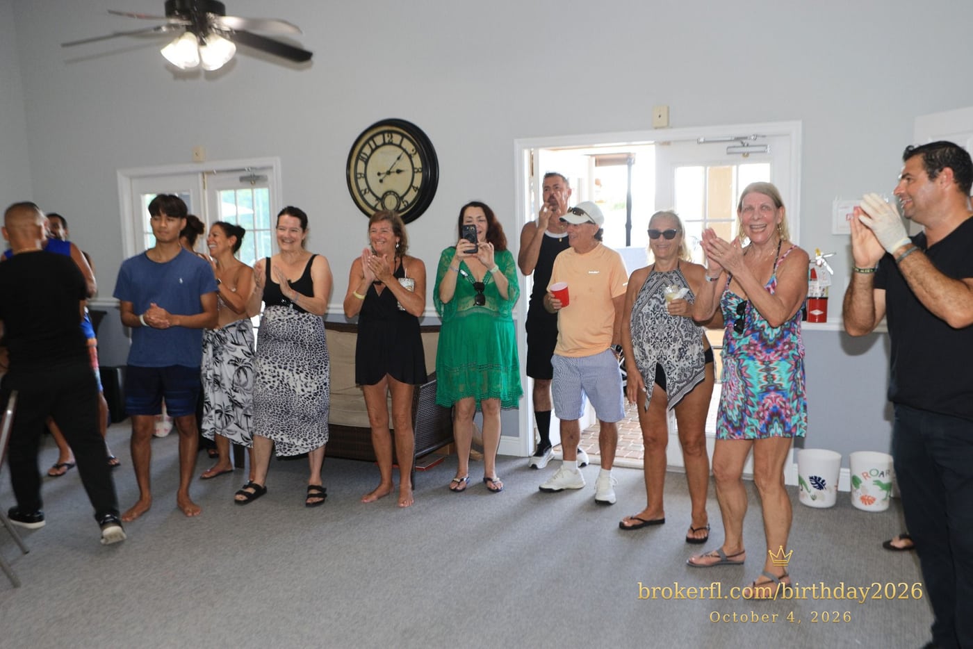 Guests gathered in the party room for the birthday celebration — Karina Leal's birthday, October 4, 2026.