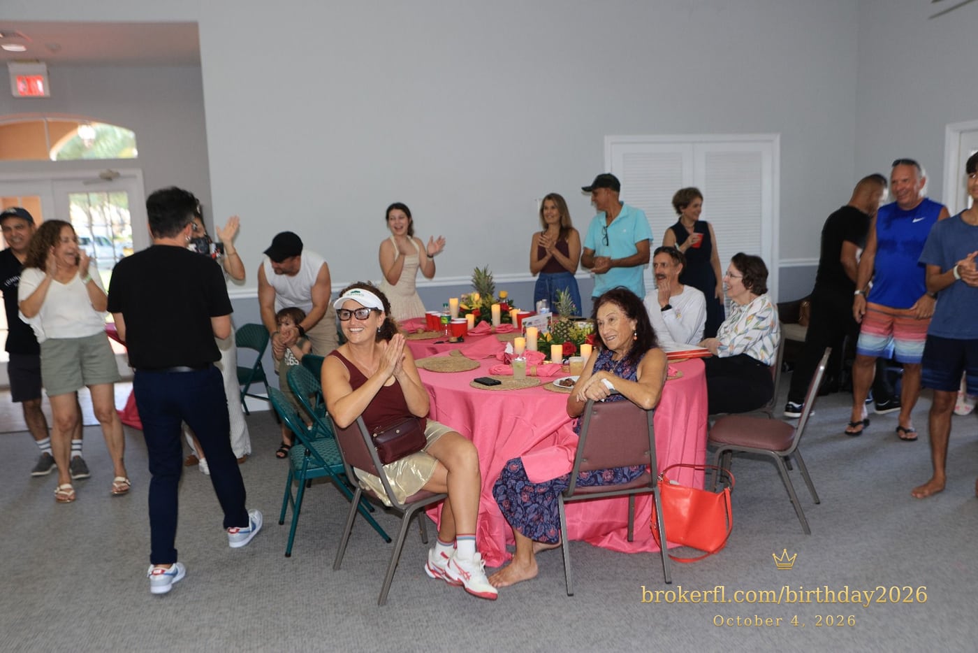 Guests gathered in the party room for the birthday celebration — Karina Leal's birthday, October 4, 2026.