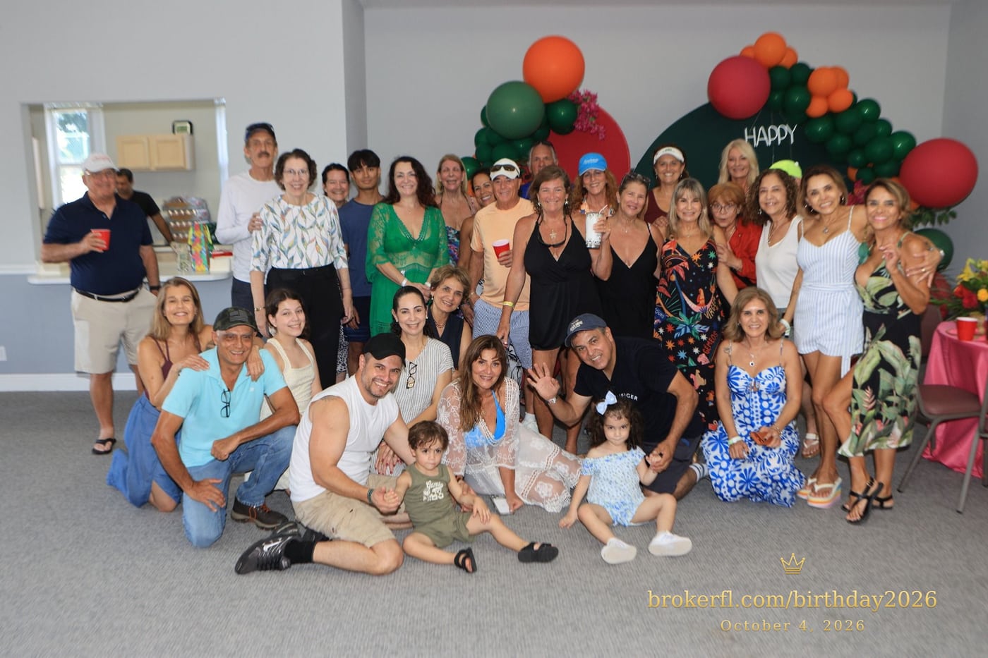 Large group portrait of the birthday celebration guests — Karina Leal's birthday, October 4, 2026.