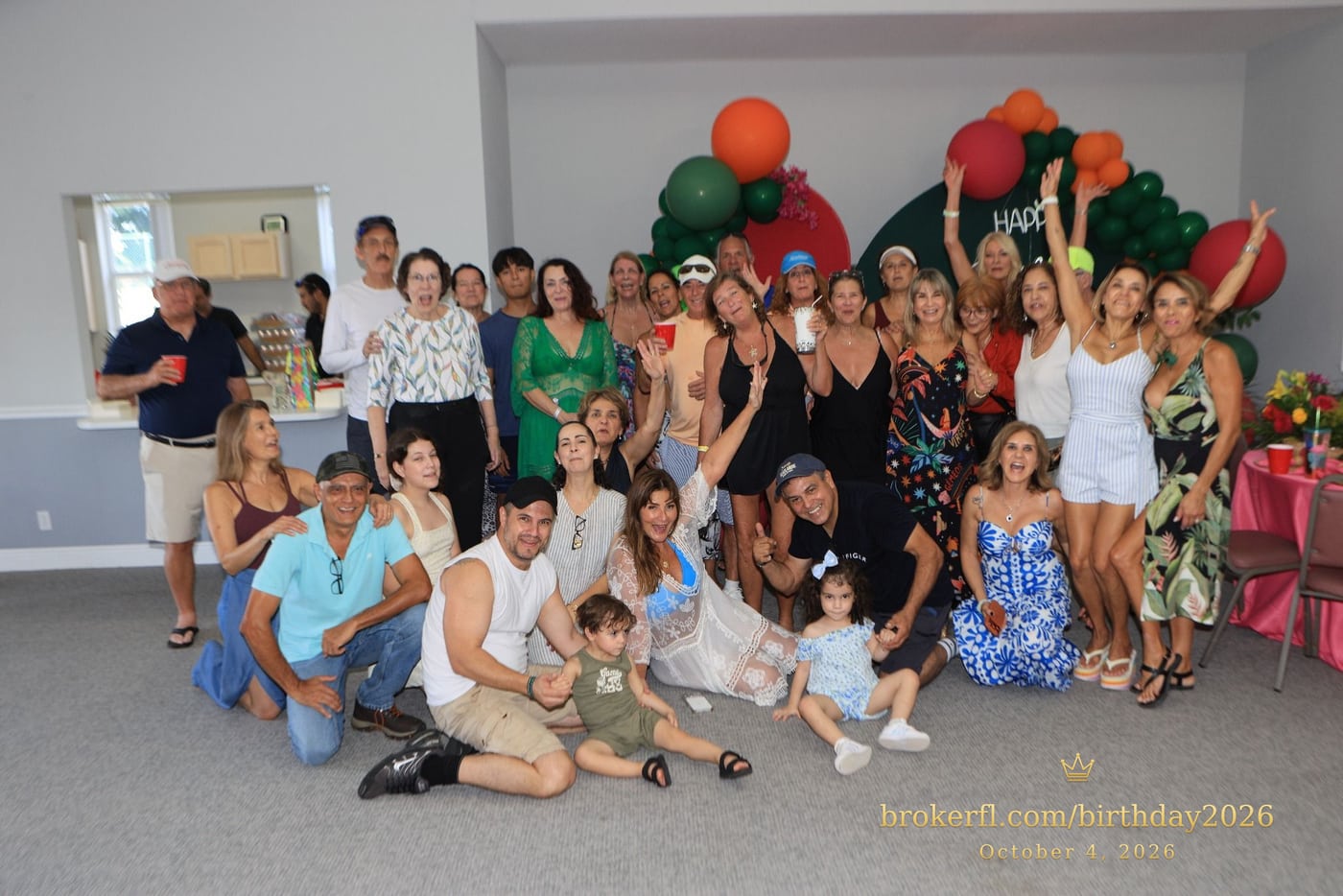 Large group portrait of the birthday celebration guests — Karina Leal's birthday, October 4, 2026.
